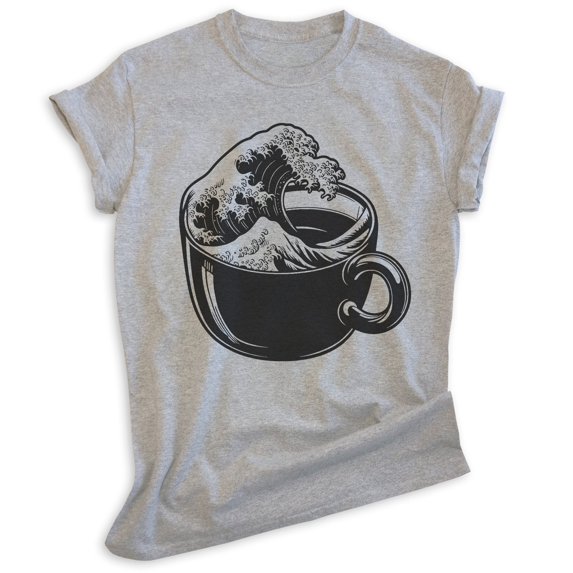 The Wave Coffee Cup T-shirt, Unisex Women's Men's Shirt, Clever Coffee Japanese Classical Art Gift, Heather Gray, Small
