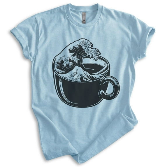 The Wave Coffee Cup T-shirt, Unisex Women's Men's Shirt, Clever Coffee Japanese Classical Art Gift, Heather Light Blue, Large