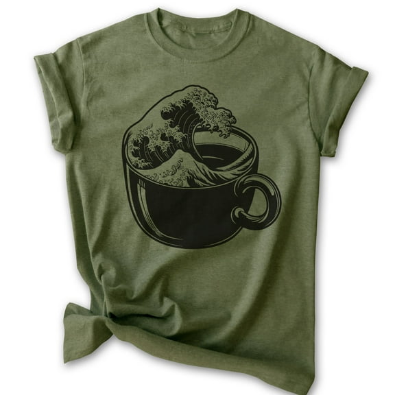 The Wave Coffee Cup T-shirt, Unisex Women's Men's Shirt, Clever Coffee Japanese Classical Art Gift, Heather Military Green, Medium