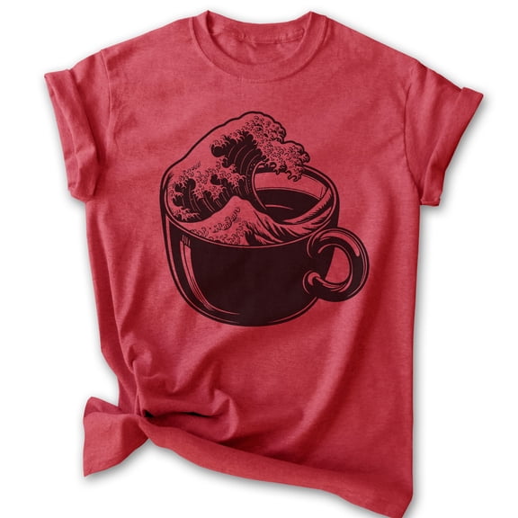 The Wave Coffee Cup T-shirt, Unisex Women's Men's Shirt, Clever Coffee Japanese Classical Art Gift, Heather Red, 3X-Large