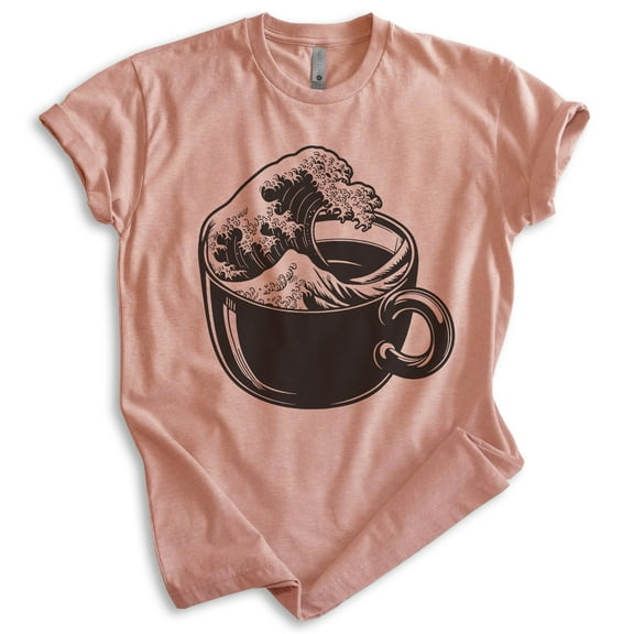 The Wave Coffee Cup T-shirt, Unisex Women's Men's Shirt, Clever Coffee Japanese Classical Art Gift, Heather Sunset, Large