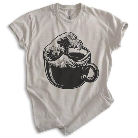 The Wave Coffee Cup T-shirt, Unisex Women's Men's Shirt, Clever Coffee Japanese Classical Art Gift, Light Silk Gray, X-Small