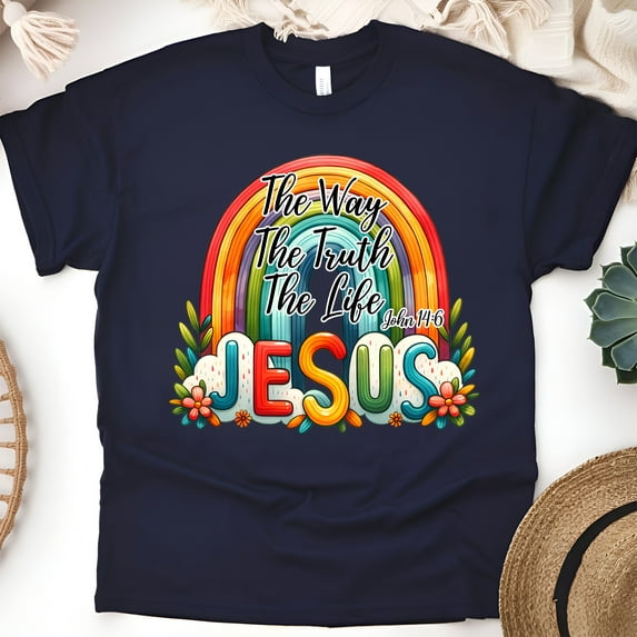 The Way The Truth The Life T-Shirt for Women, John 14:6 Bible Verse Tee, Navy, Size M