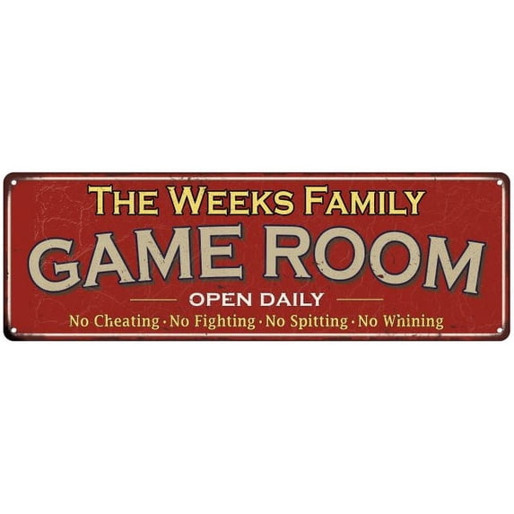 The Weeks Family Gift Red Game Room Metal 6x18 Sign 206180038314