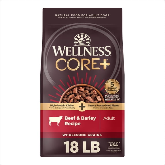 Wellness CORE+ Adult Dry Dog Food with Freeze Dried Pieces, Wholesome Grain Kibble+, Natural, High Protein, Beef and Barley Recipe, 18 lb Bag