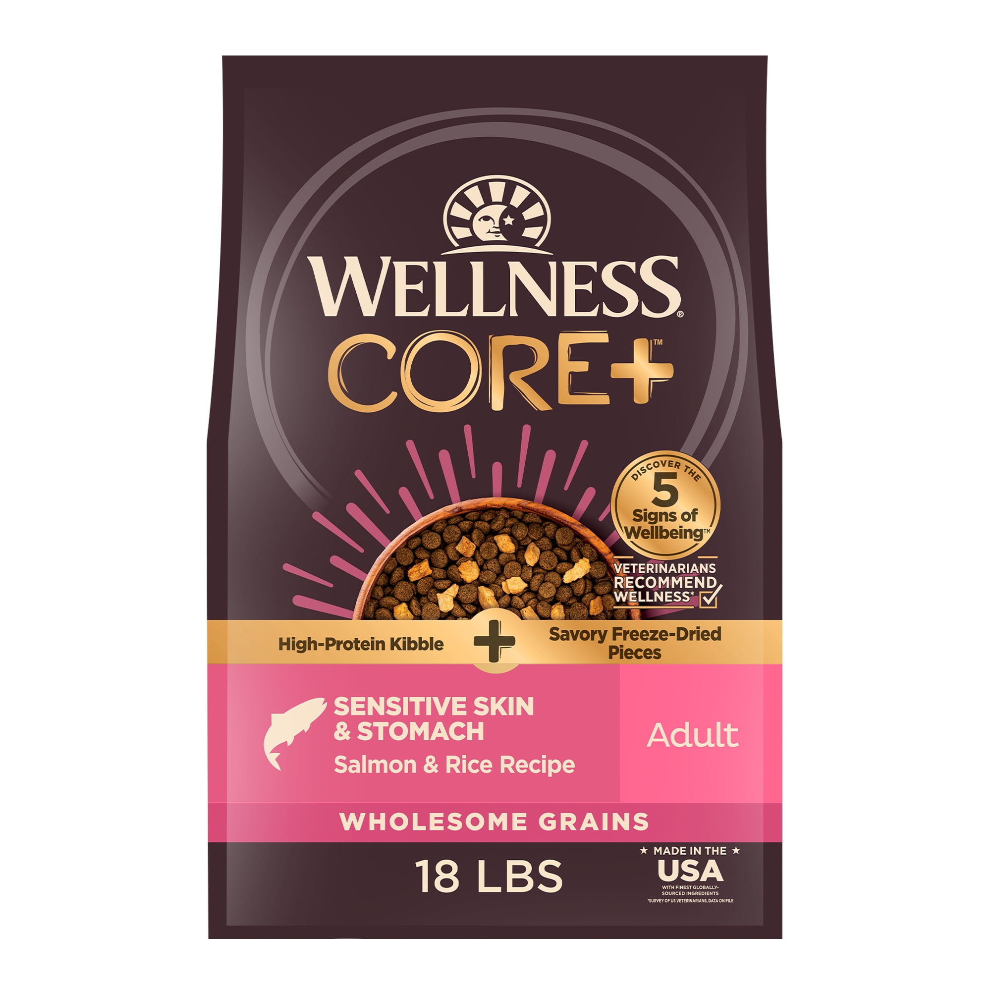 Wellness CORE+ Sensitive Skin and Stomach Adult Dry Dog Food with Freeze Dried Pieces, Wholesome Grain Kibble+, Natural, High Protein, Chicken Free, Salmon and Rice Recipe, 18 lb Bag