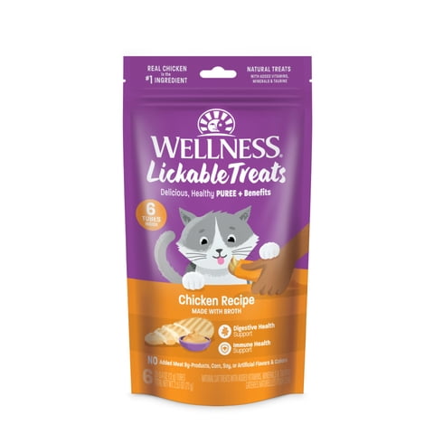 Wellness Lickable Soft Puree Cat Treats, All Lifestages, Kitten to Senior, Natural, Grain Free, Chicken Flavor, 0.4 oz, Pack of 6 Tubes