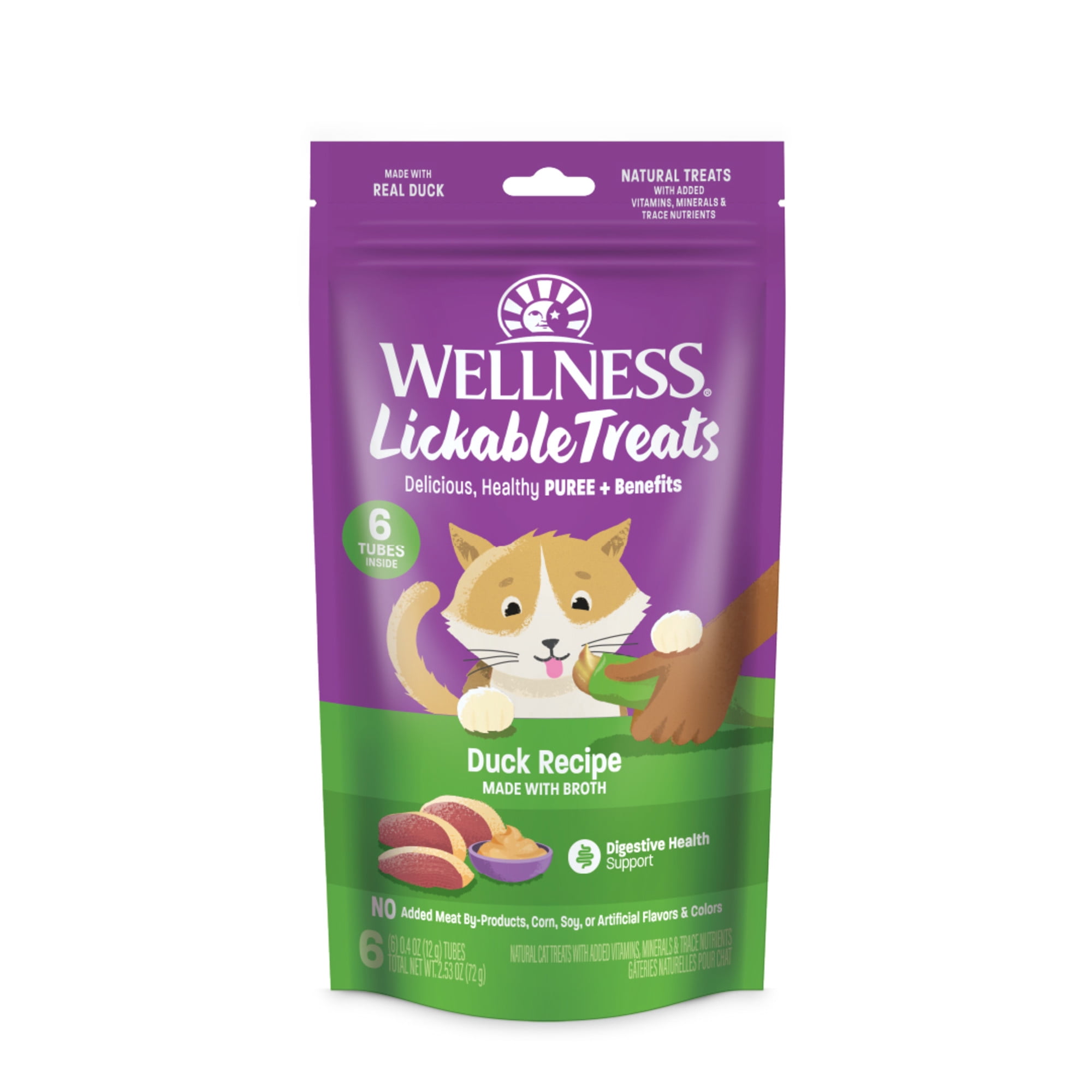 Wellness Lickable Soft Puree Cat Treats, All Lifestages, Kitten to Senior, Natural, Grain Free, Duck Flavor, 0.4 oz, Pack of 6 Tubes