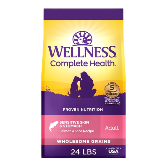 Wellness Complete Health Sensitive Skin and Stomach Dry Dog Food, Wholesome Grain Kibble, Natural, Chicken Free, Salmon and Rice Recipe, 24 lb Bag