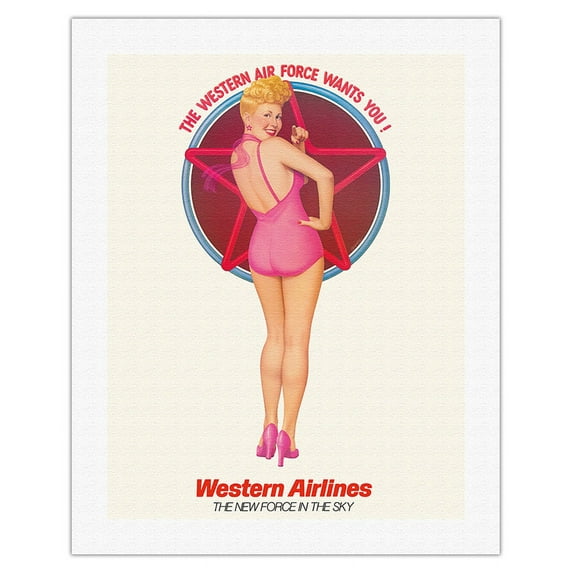 The Western Air Force Wants You - Pin Up Girl - Western Airlines - Vintage Airline Travel Poster by Gomez c.1970 - Fine Art Rolled Canvas Print 20in x 26in