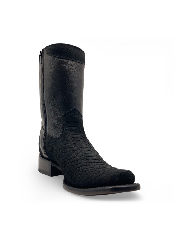 Men's Embossed Python Print Leather Western Boot with Square Toe and Zipper