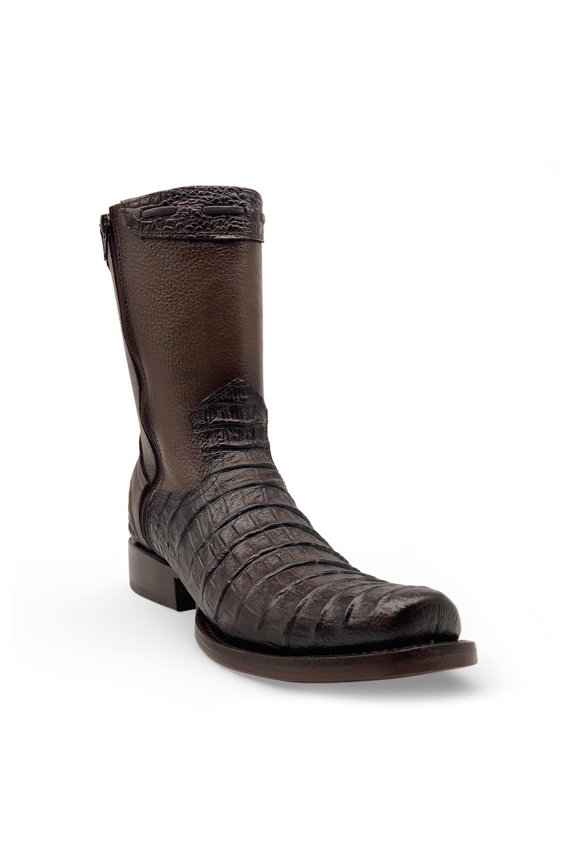 Men’s Caiman Print Cowboy Boot, Mid-Calf Leather Western Boot, Full Side Zipper, Square Toe