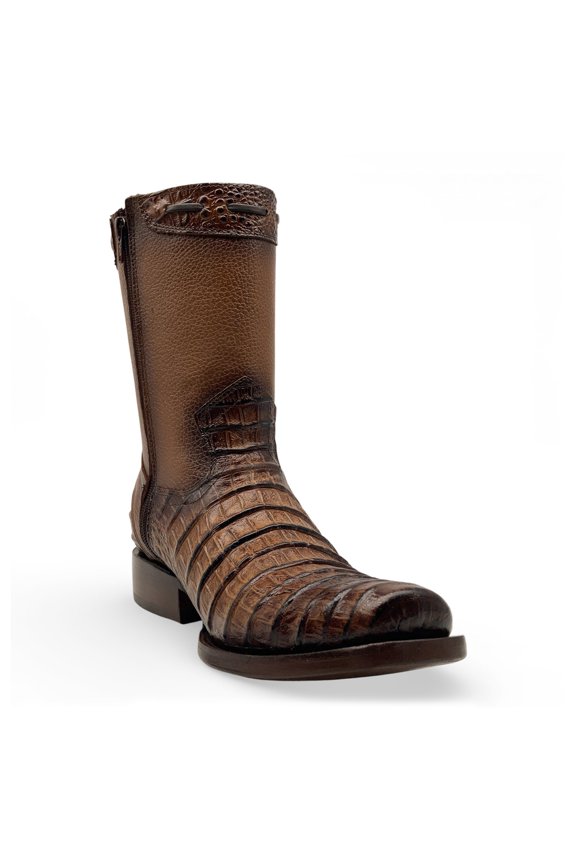 Men’s Caiman Print Cowboy Boot, Mid-Calf Leather Western Boot, Full Side Zipper, Square Toe
