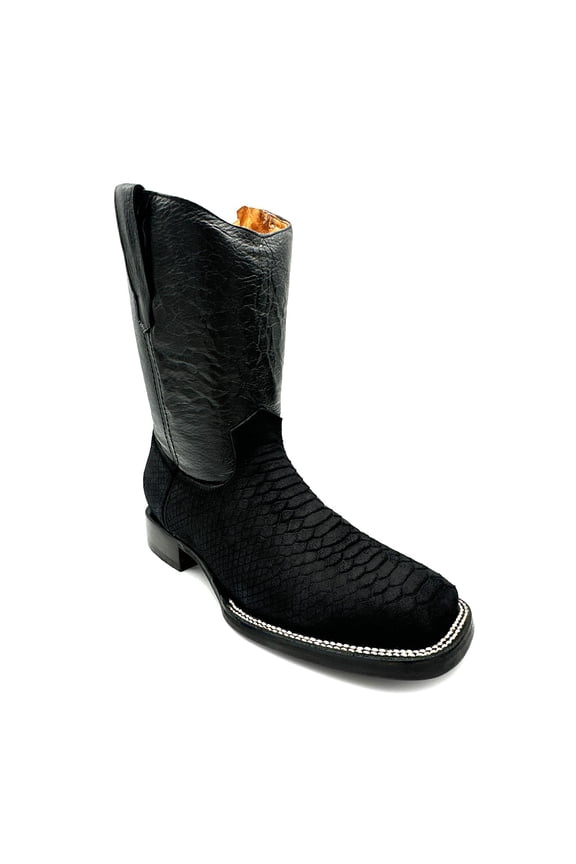 Men’s Embossed Python Snake Print Leather Boot, Full Side Zipper Square Toe Rodeo Western Cowboy Boot
