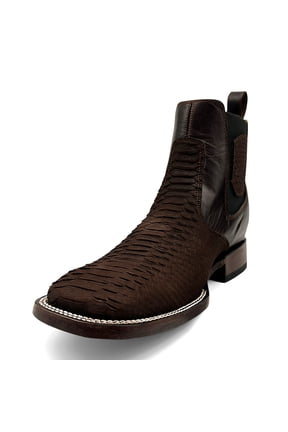 Men's Genuine Leather Embossed Python Print Square Toe Ankle Botin Cowboy Boots