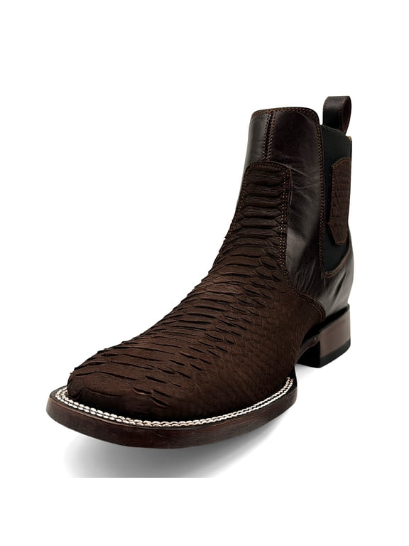 Men's Genuine Leather Embossed Python Print Square Toe Ankle Botin Cowboy Boots