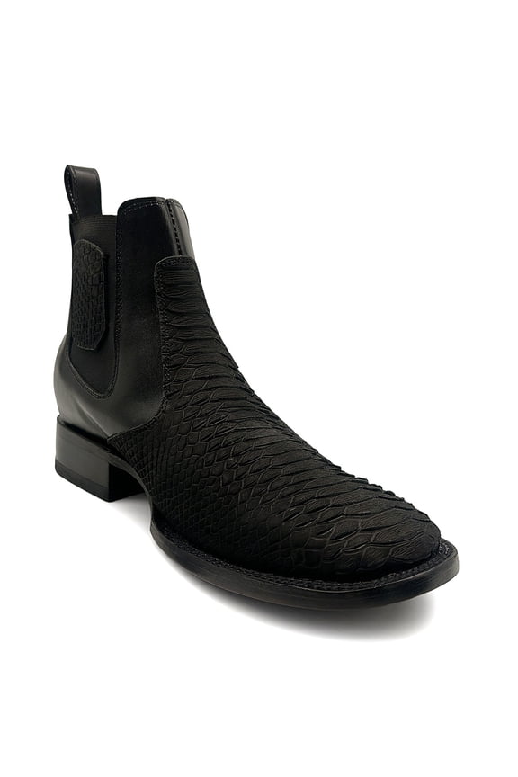 Men’s Genuine Leather Broad Square Toe Embossed Python Snake Print Ankle Botin Cowboy Boot