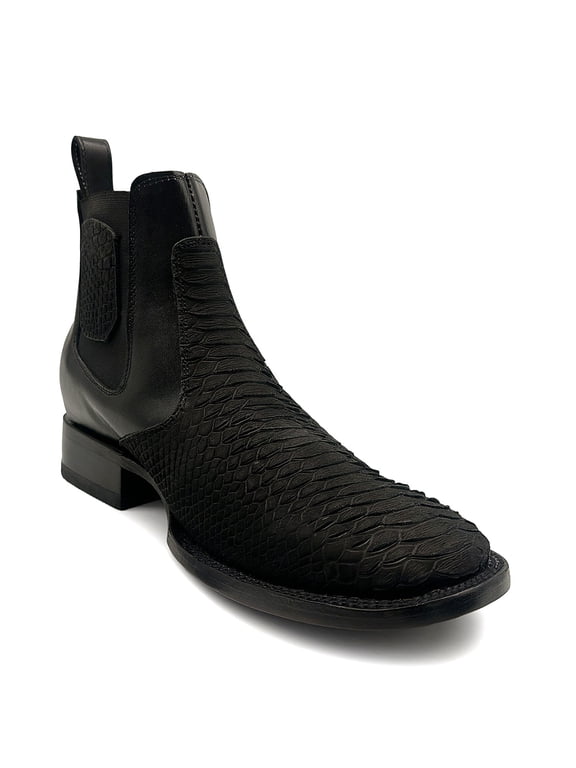 Men's Genuine Leather Embossed Python Print Square Toe Ankle Botin Cowboy Boots