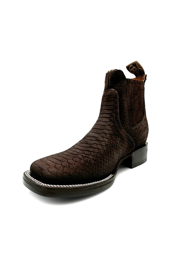 Men's Leather Python Print Square Toe Western Ankle Cowboy Boots