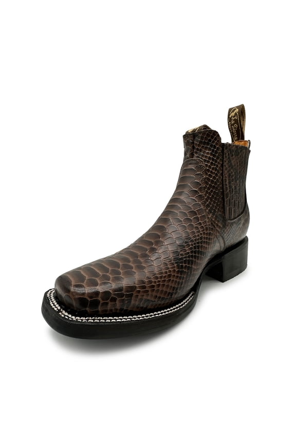 Men’s Genuine Leather Square Toe Embossed Python Snake Print Short Ankle Cowboy Boot