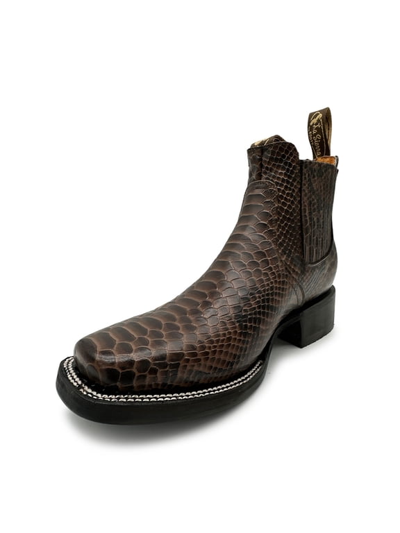 Men's Leather Python Print Western Ankle Square Toe Cowboy Boots
