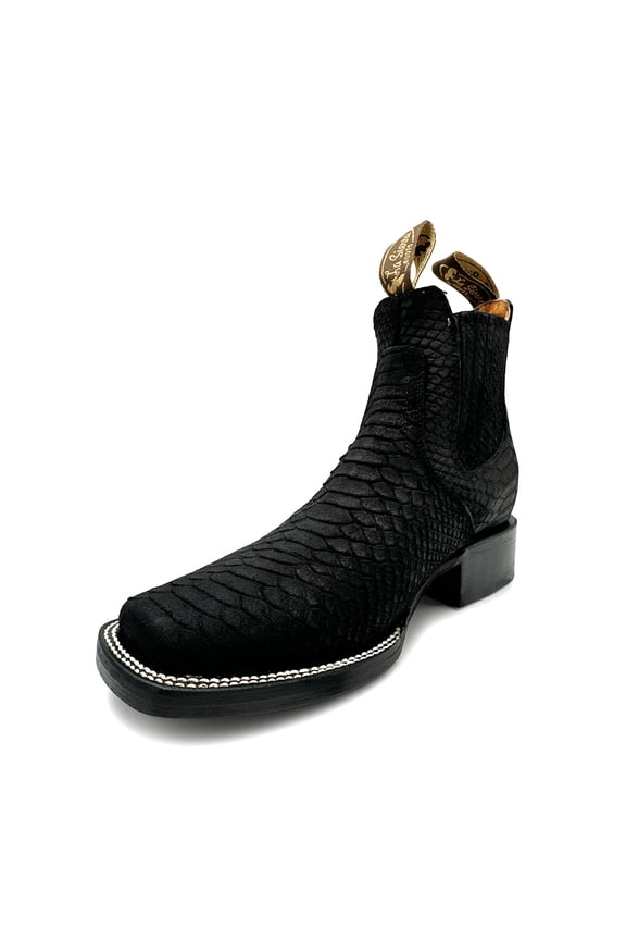 Men's Leather Python Print Square Toe Western Ankle Cowboy Boots