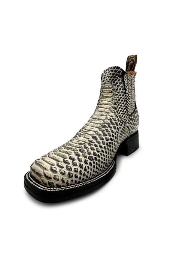 Mens Genuine Leather Square Toe Embossed Python Snake Print Short Ankle Cowboy Boot