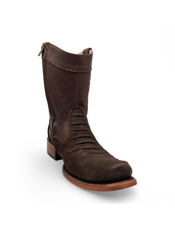 Men's Leather Mid-Calf Boots, Square Toe with Python Print, Full Side Zipper, Leather Sole