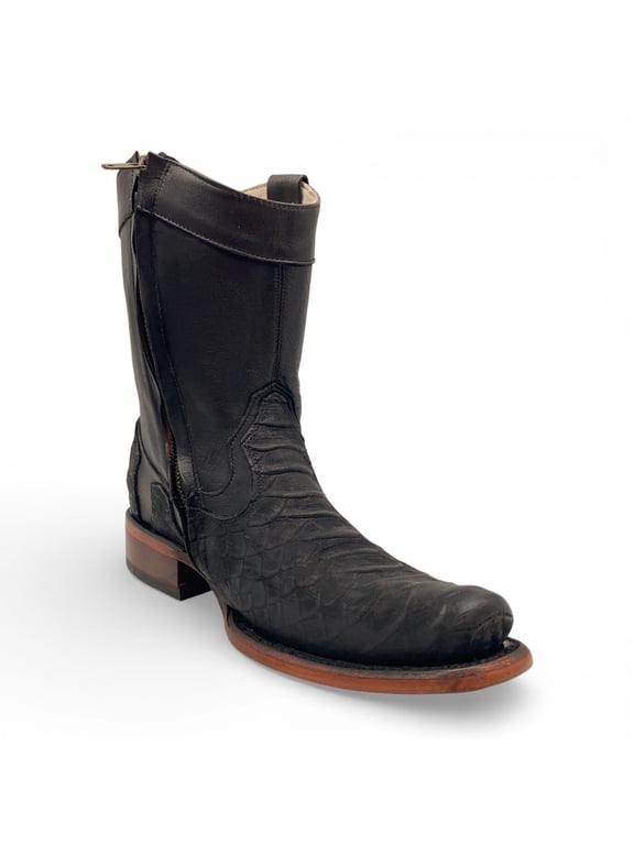 Men's Leather Mid-Calf Boots, Square Toe with Python Print, Full Side Zipper, Leather Sole