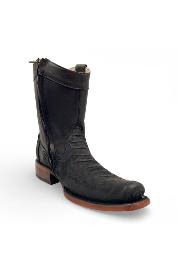 Men's Leather Mid-Calf Boots, Square Toe with Python Print, Full Side Zipper, Leather Sole