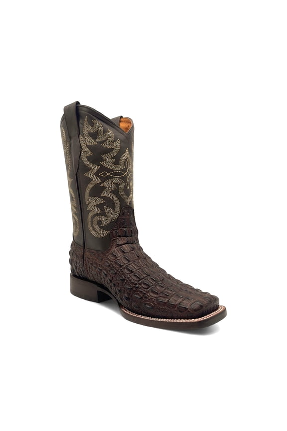 Men’s Leather Square Toe Western Boot With Embossed Crocodile Print