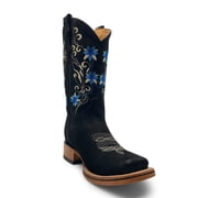 The Western Shops Women s Leather Western Cowgirl Boots, Floral Embroidered Mid-Calf Pull-On Boots, Square Toe