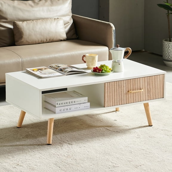 The White Coffee Table with Solid Wood Legs & Sliding Drawer, Fits 10-15㎡ Living Rooms, Easy to Clean.