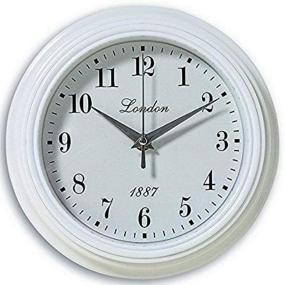 The White LONDON 1887 English Wall Clock, Glass, Quartz Movement, 9 Inches Diameter, Analog Timepiece, Battery Powered, 1 AA, By Whole House Worlds