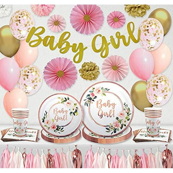 The White Toolbox 16 Servings, Decorations Baby Girl Shower Party Kit, Rose Gold Foil, 74 Pieces