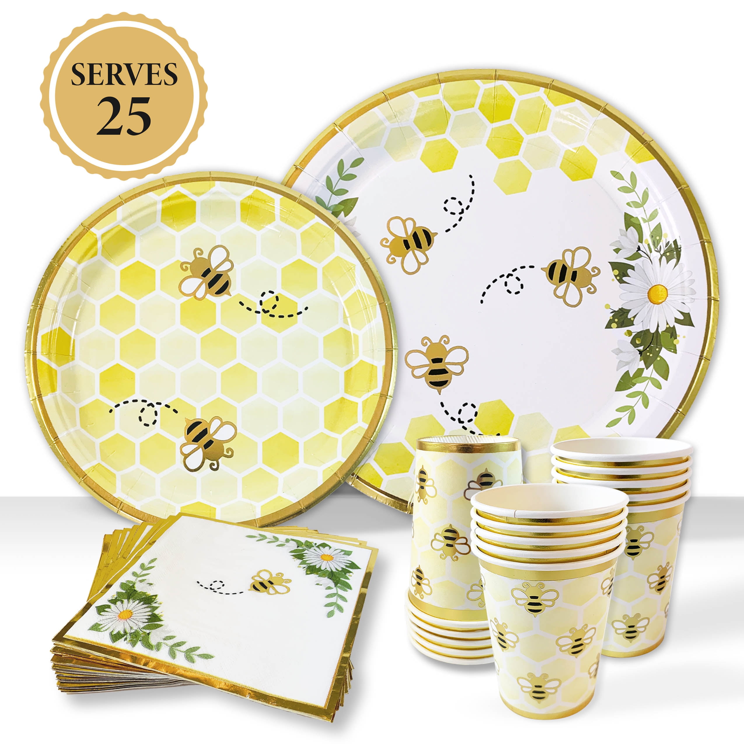 The White Toolbox Yellow Bumble Bee Party Supply Set with Paper Plates, Napkins, Cups, 16 Pack