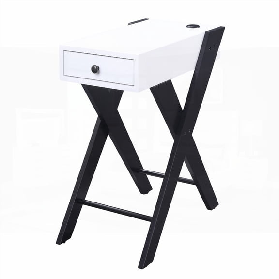 The White and Black Side Table Features USB Ports and a Convenient Storage Drawer