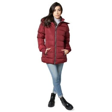 The Whole Shebang Women's Puffer Winter Coat with Faux-Fur Trim Hood, Zip Front; Long Sleeve, Warm, Vegan Down L