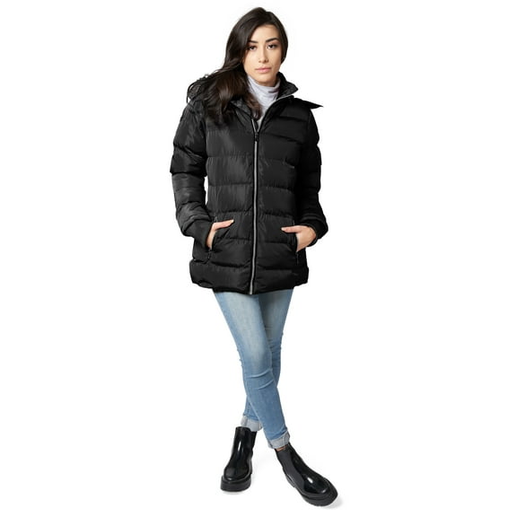 The Whole Shebang Women's Puffer Winter Coat with Faux-Fur Trim Hood, Zip Front; Long Sleeve, Warm, Vegan Down M