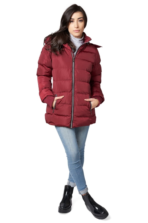 Women's Puffer Winter Coat with Faux-Fur Trim Hood, Zip Front; Long Sleeve, Warm, Vegan Down S