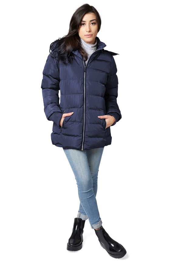 Puffer, Faux-Fur Trim Hood, Zip Front Winter Coat, Women's