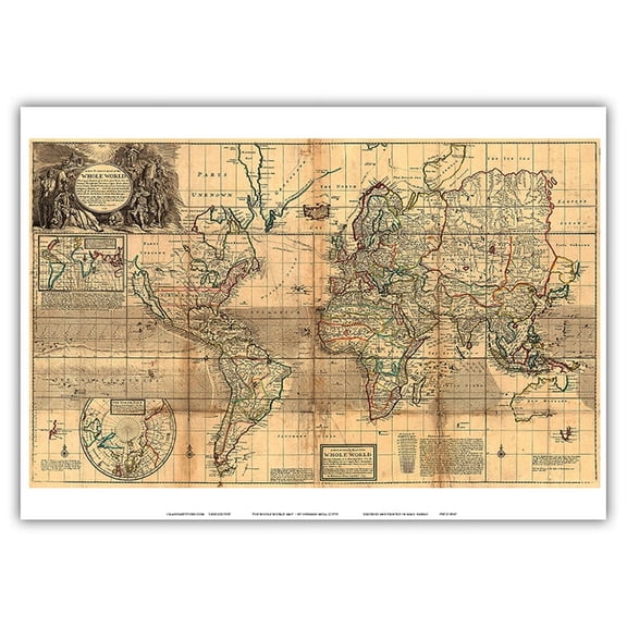 The Whole World Map - Britain’s Possessions in North America - Vintage Colored Cartographic Map by Herman Moll c.1719 - Master Art Print 10in x 14in
