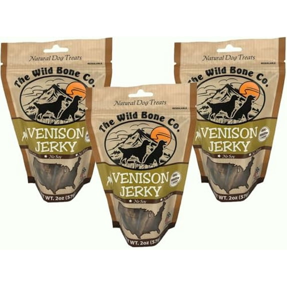 The Wild Bone Company Venison Jerky Dog Treats | Natural High Protein Chewy Training Bits | Made in the USA, 2 Ounces (Pack of 3)