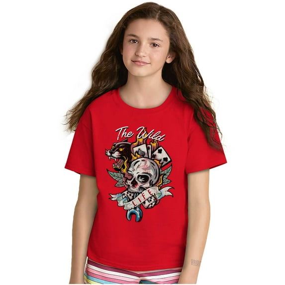 The Wild Life Skull Panther Tattoo Crewneck T Shirts Boy Girl Teen Brisco Brands L