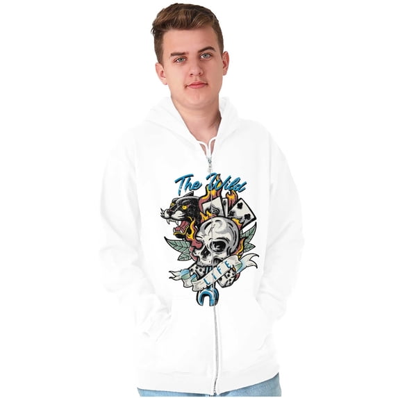 The Wild Life Skull Panther Tattoo Unisex Fleece Graphic Zip Up Hoodie Brisco Brands 2X