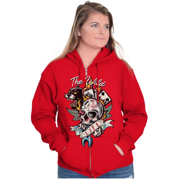 The Wild Life Skull Panther Tattoo Zip Up Hoodie Men's Women's Brisco Brands L