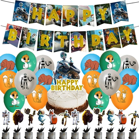 The Wild Robot Birthday Themed Party Decorated Banner Hanging Flag Balloon Set,Robot Cake Topper,Robot Birthday Party Decorations,Robot Party