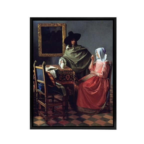 The Wine Glass Cropped Painting Vermeer Vintage Framed Canvas Wall Art 12X16"