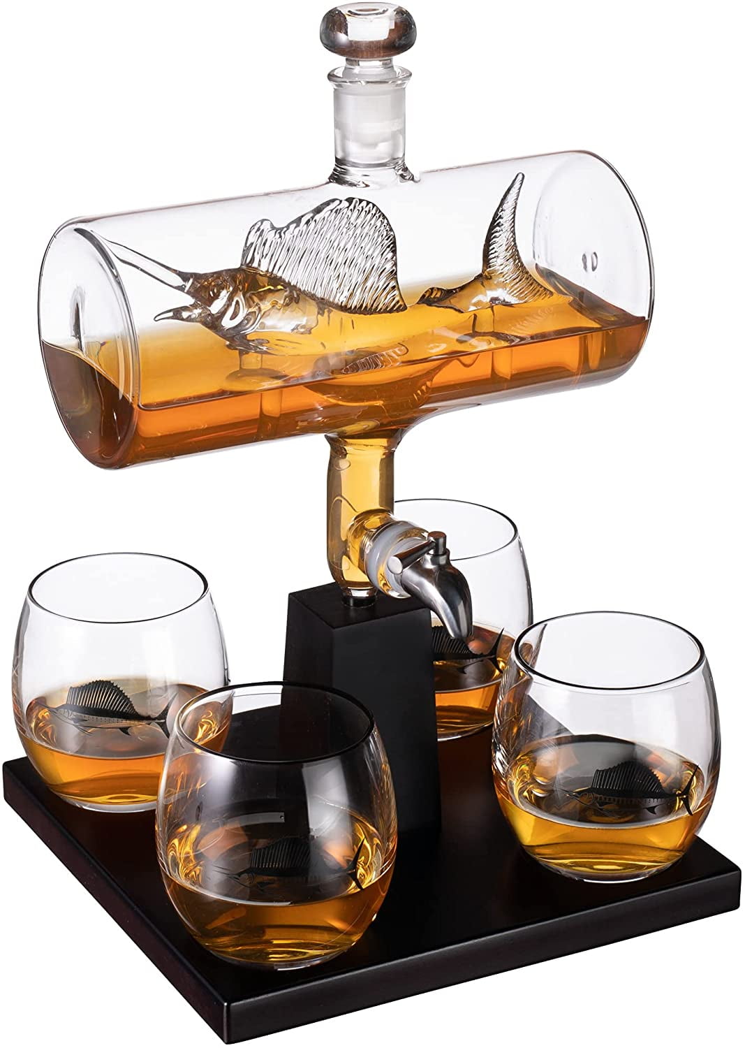 The Wine Savant Whiskey Decanter Set - 30oz Decanter, 2 Glasses, 6 Stainless Steel Bullets, Coasters, Tongs & Gift Box