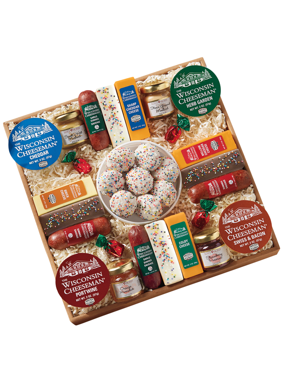 The Wisconsin Cheeseman 21 Spring Favorites - Food Gift Box with Assorted Cheese Bricks, Chocolates, Spreadables, Candies, and Summer Sausage Meats, Perfect Easter Treat or Springtime Gift